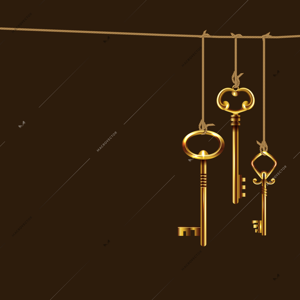 Realistic vintage keys strings composition three golden keys on are tied to a string vector illustration