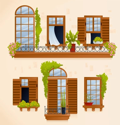 Vintage house balcony composition two floors with beautifully carved windows with flower beds and a large balcony on the second floor vector illustration