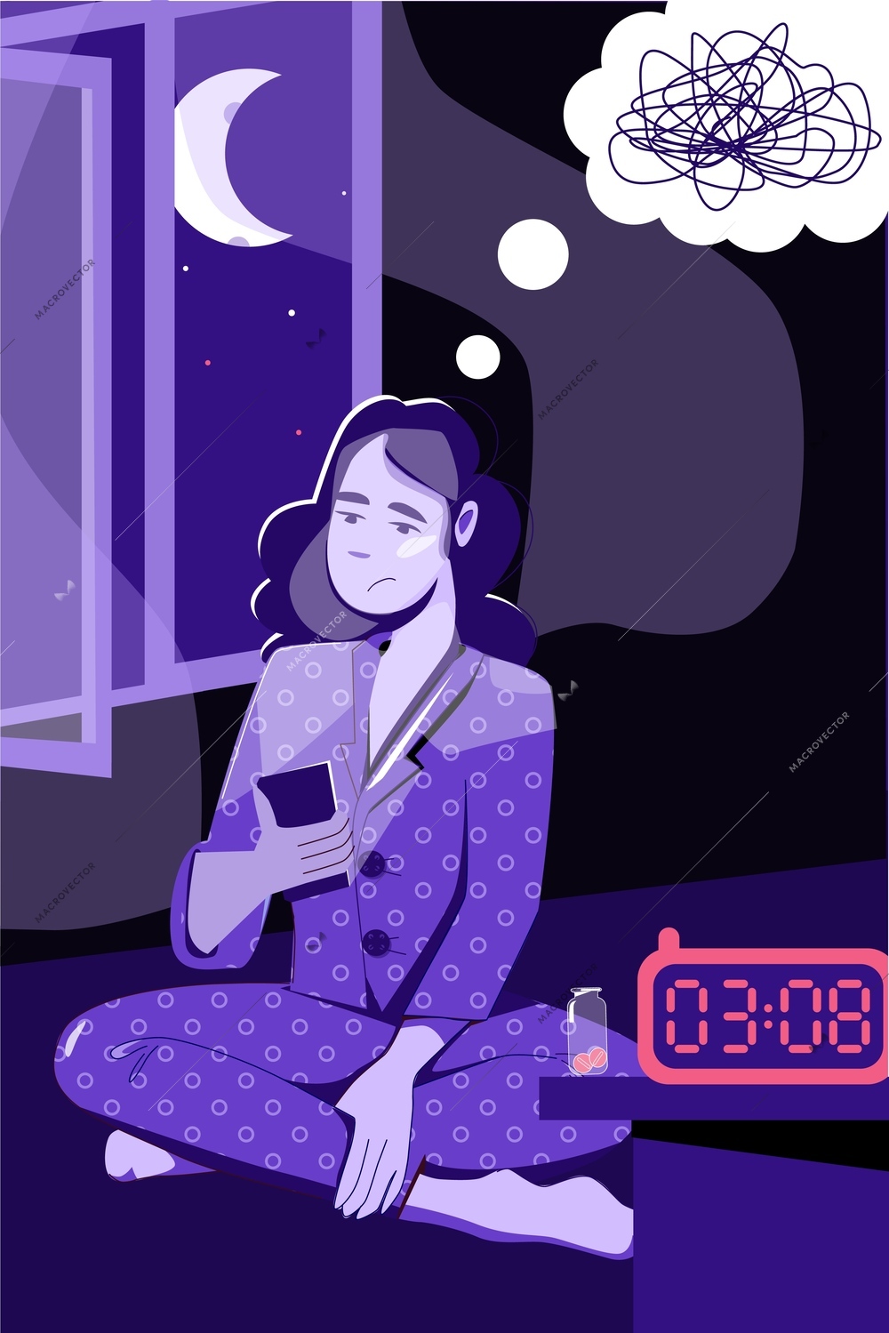 Sleep disorder insomnia vertical composition with indoor 3am scenery and unhappy girl awake staring at smartphone vector illustration