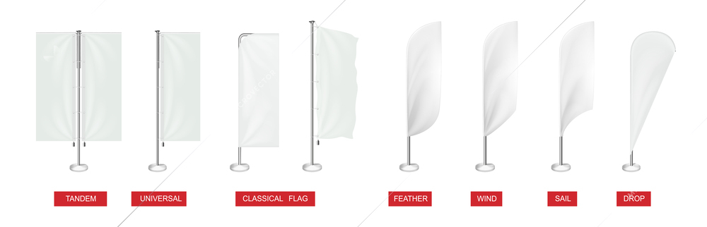 Various types of blank white advertising flags realistic set with tandem classical feather drop isolated vector illustration