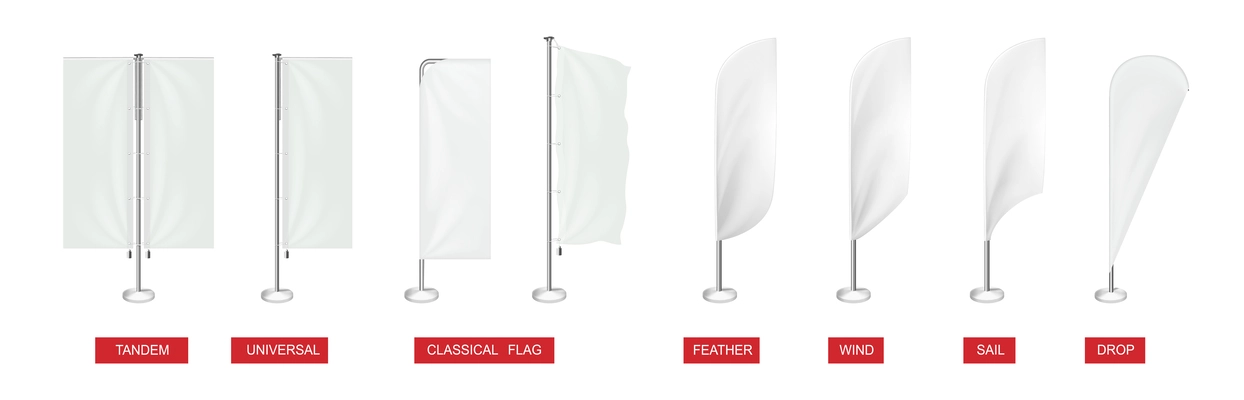 Various types of blank white advertising flags realistic set with tandem classical feather drop isolated vector illustration