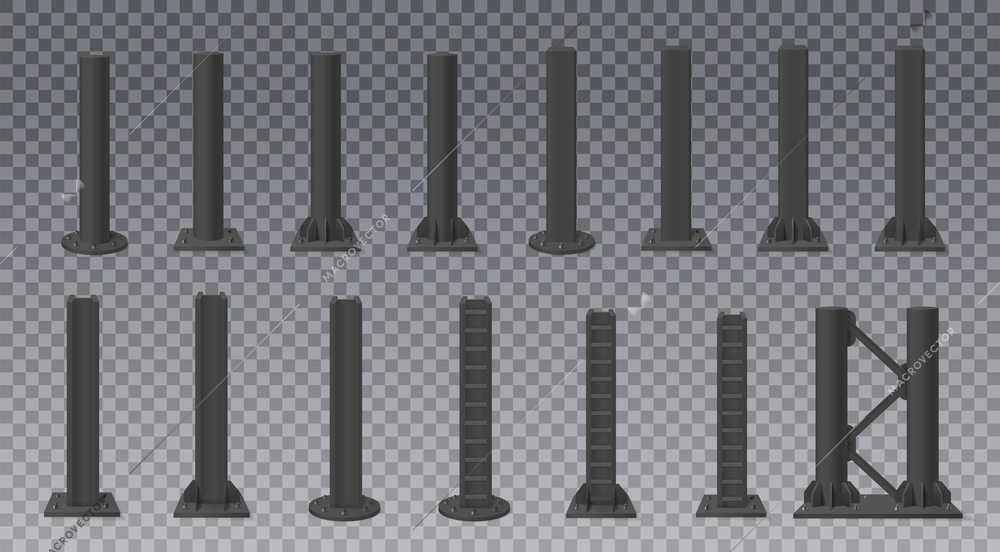 Black metal poles or columns for billboards realistic set isolated on transparent background vector illustration