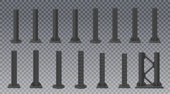 Black metal poles or columns for billboards realistic set isolated on transparent background vector illustration