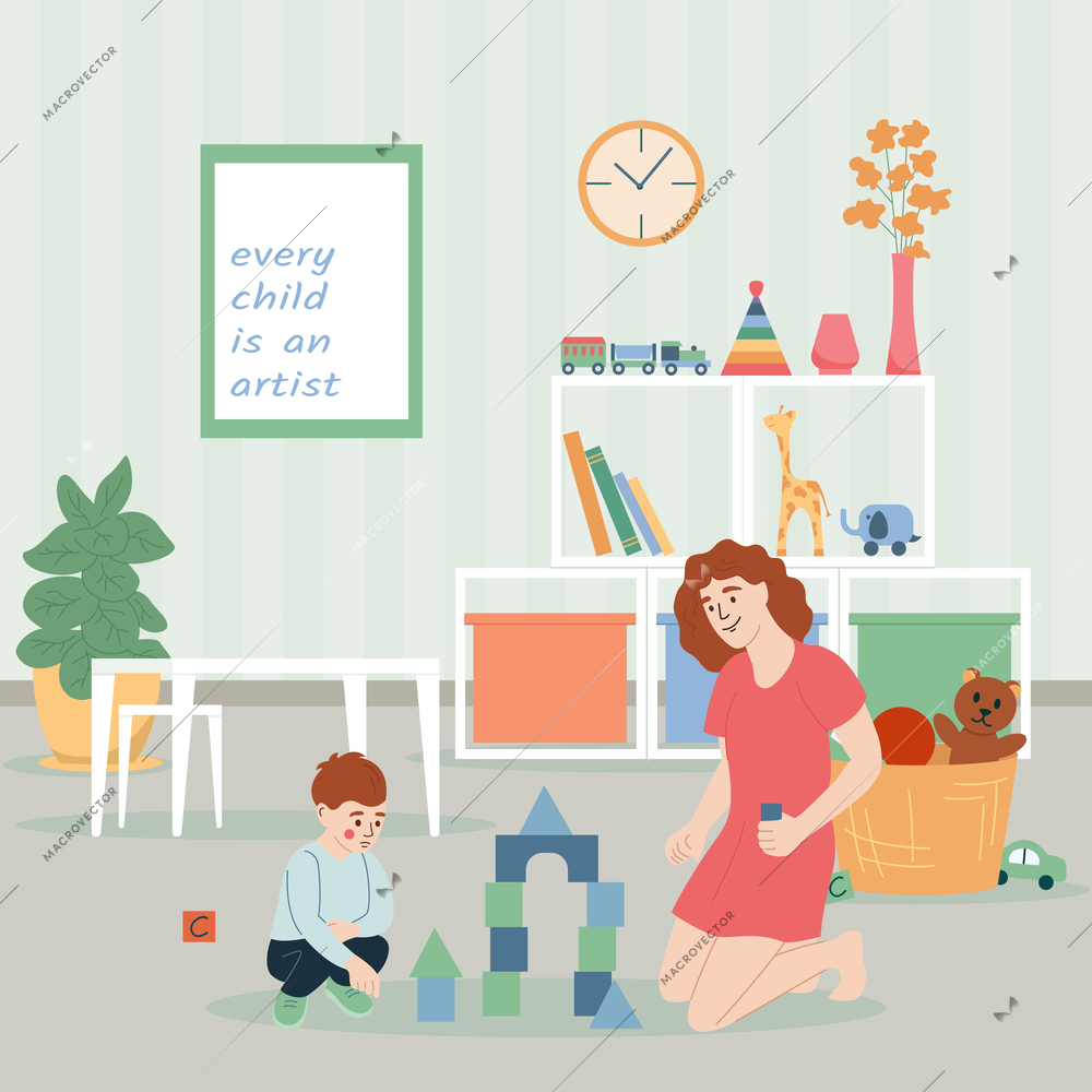 Child psycologist flat concept with boy playing with psychotherapist indoors vector illustration