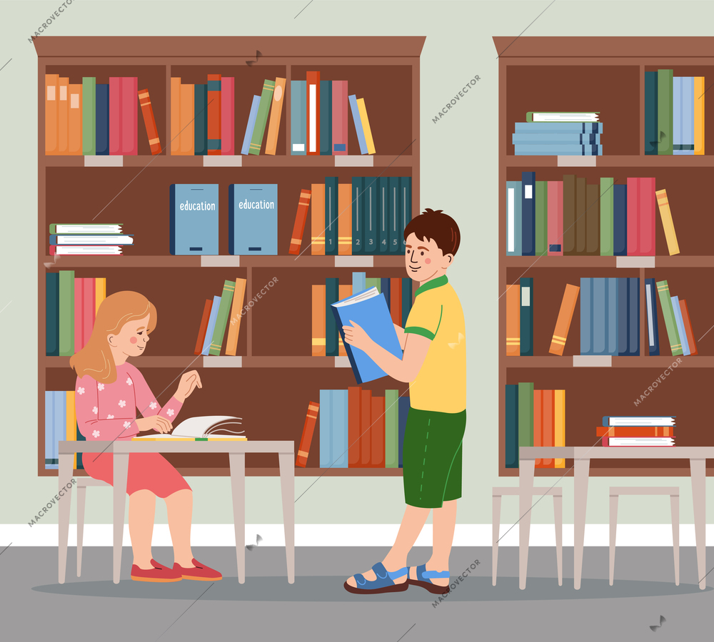 Kids services flat composition with children in library vector illustration
