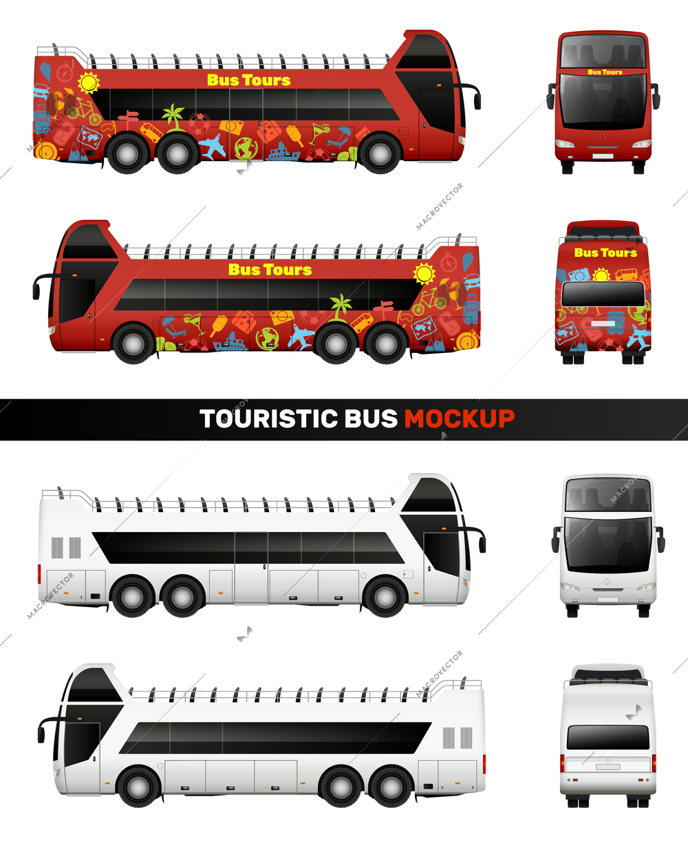 Bus mockup realistic set of isolated images with various angle views of touristic and sightseeing buses vector illustration