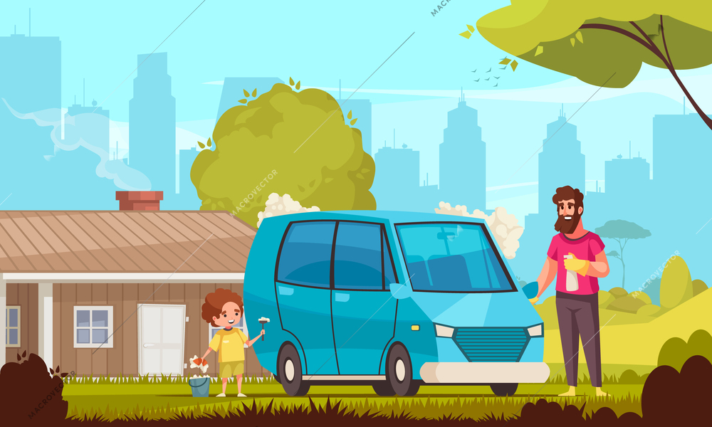 Car wash cartoon concept with father and son cleaning van outdoors vector illustration