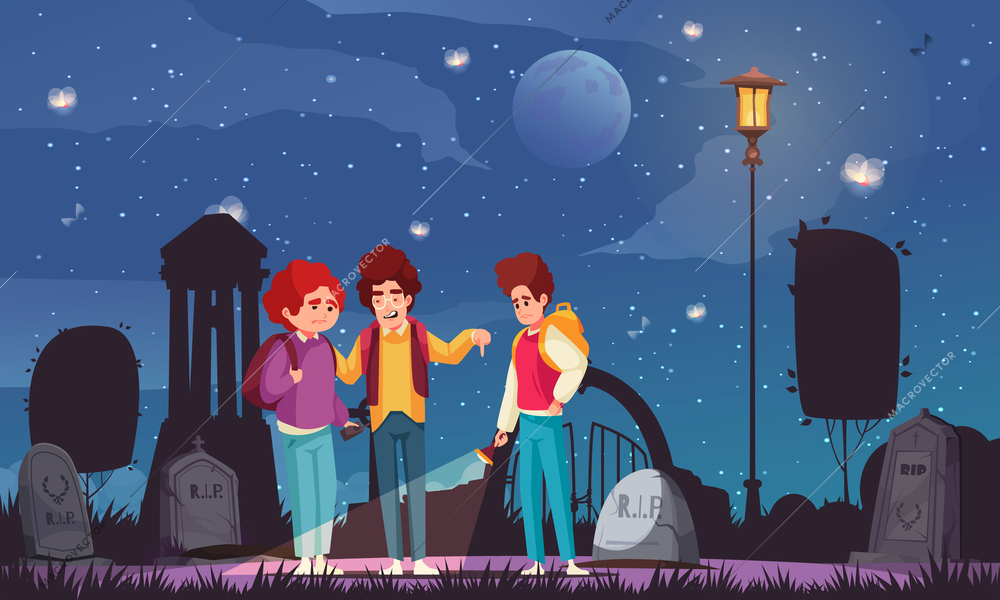 Children horror story poster with teenagers at cemetery during the night cartoon vector illustration