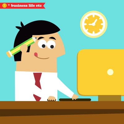 Business life. Manager working diligently on the computer vector illustration