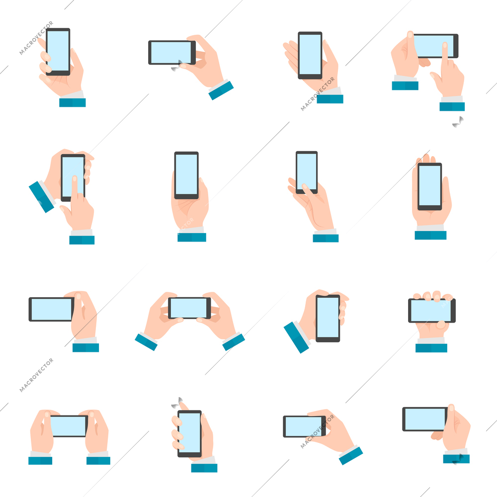 Human hands holding mobile phone gestures flat icon set isolated vector illustration