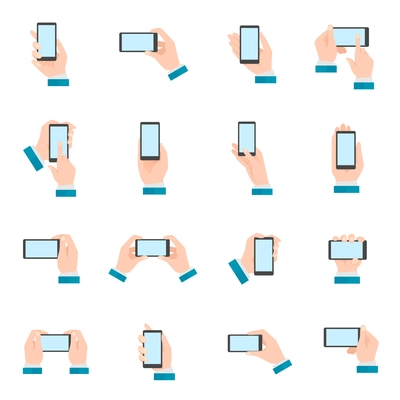 Human hands holding mobile phone gestures flat icon set isolated vector illustration