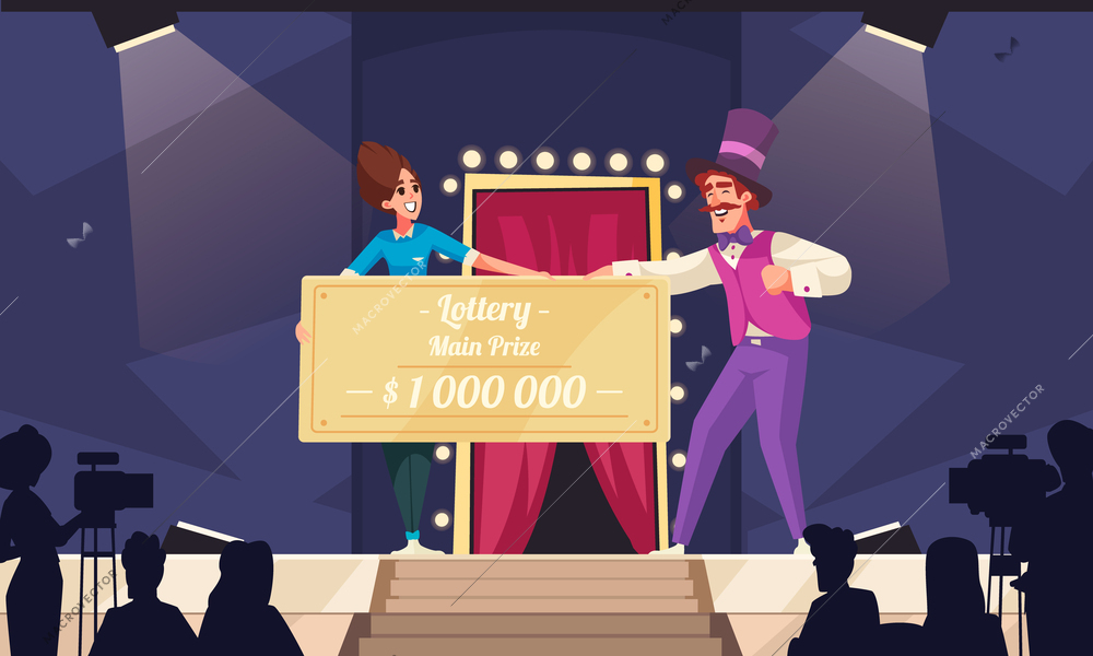 Lottery cartoon concept with happy woman holding winner cheque vector illustration