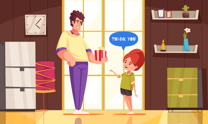 Well-behaved child cartoon poster with polite kid taking gift box from father vector illustration
