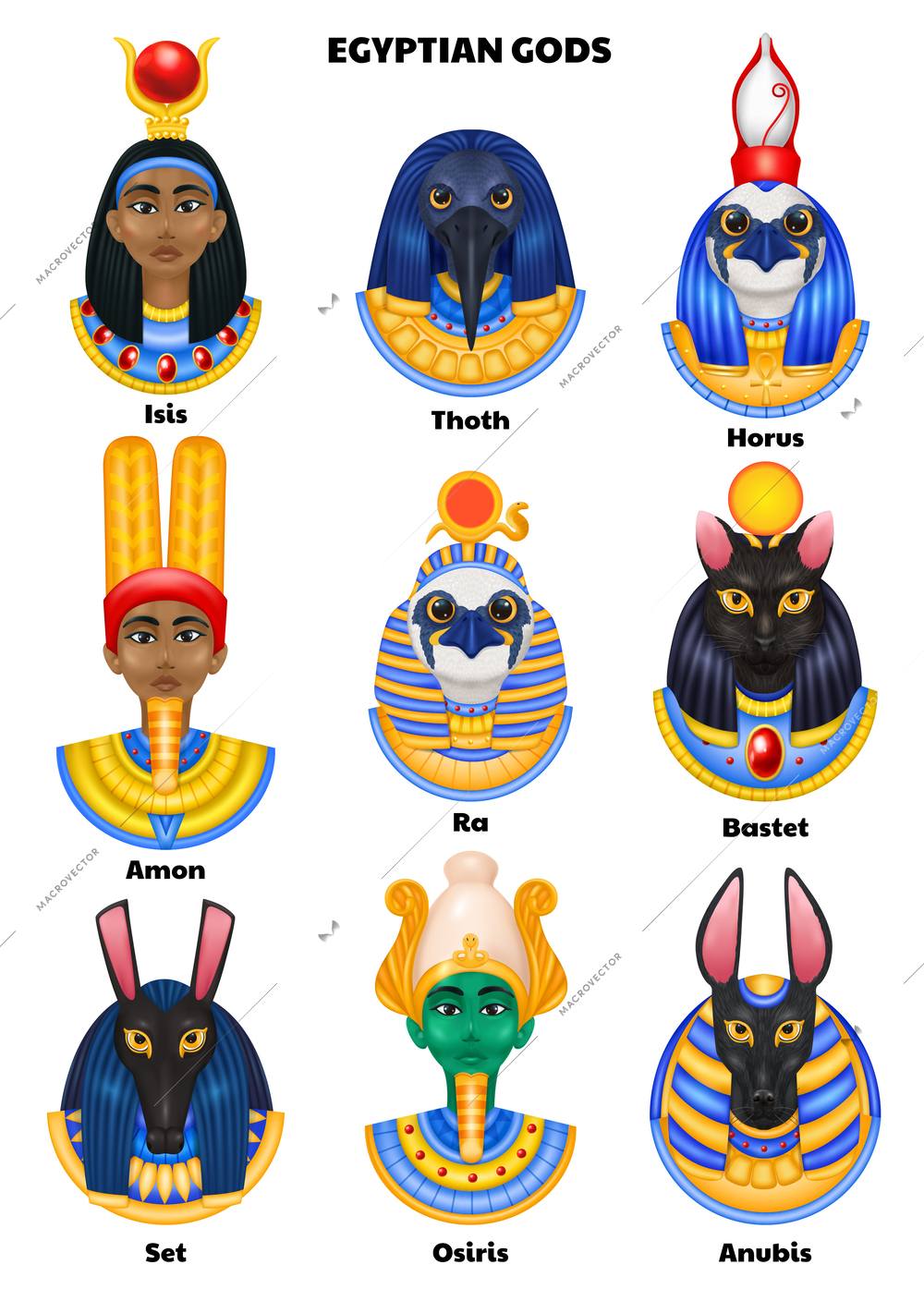 Egyptian gods set with isolated avatars of anubis osiris isis amon ra and other mythical creatures vector illustration