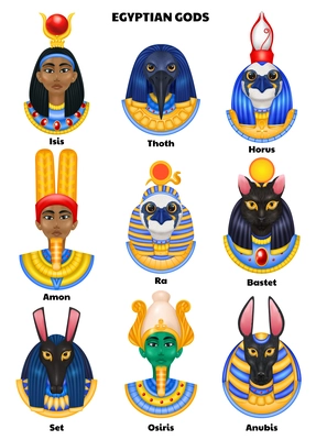 Egyptian gods set with isolated avatars of anubis osiris isis amon ra and other mythical creatures vector illustration