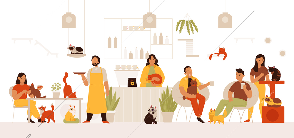 Pets cats cafe composition with indoor cafeteria scenery counter waiters and visitors with meals and kittens vector illustration