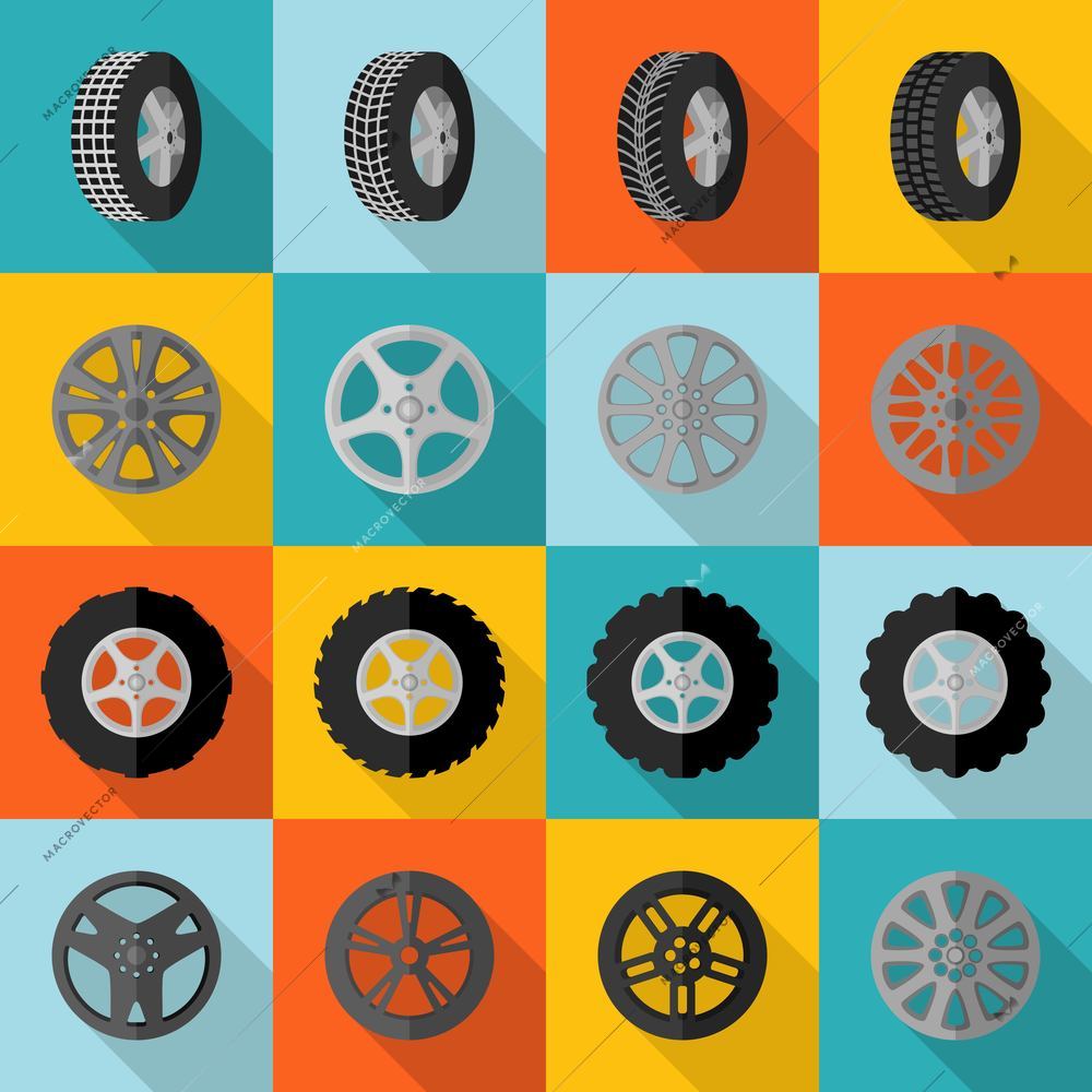 Car and truck tire service installation icon flat set isolated vector illustration