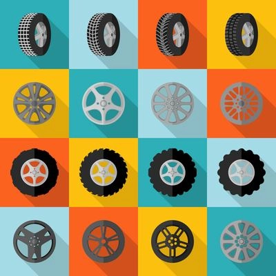 Car and truck tire service installation icon flat set isolated vector illustration