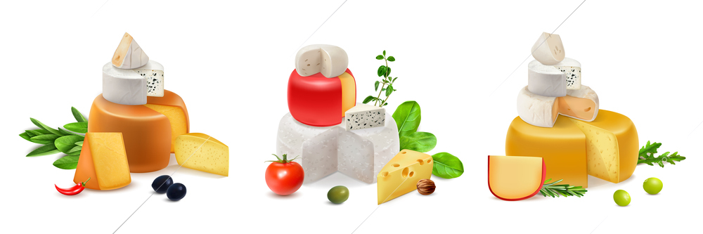 Three realistic cheese composition set heads and slices of cheese decorated with olives herbs tomatoes and peppers vector illustration