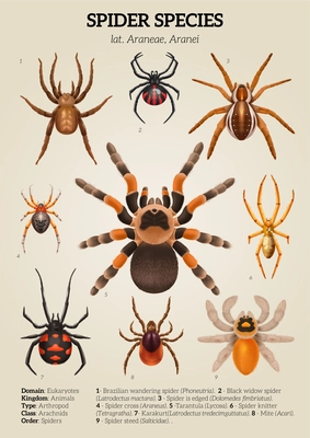 Realistic spiders diagram colored composition with spider species and description of them vector illustration