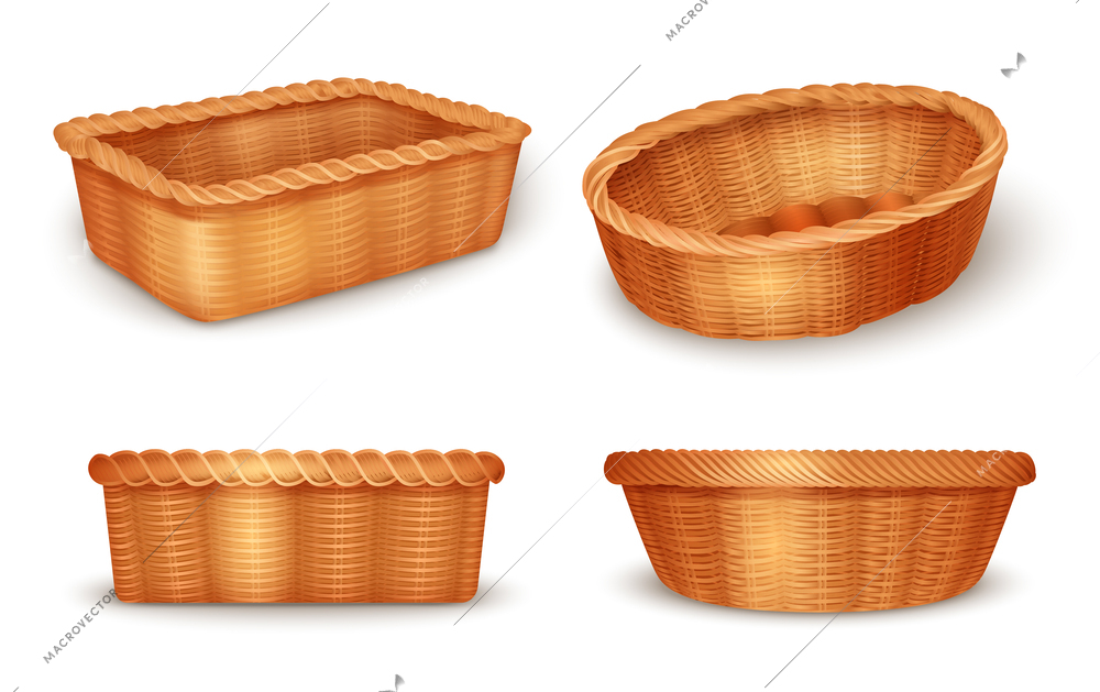 Four realistic fruit bread wicker basket icon set side and top view vector illustration