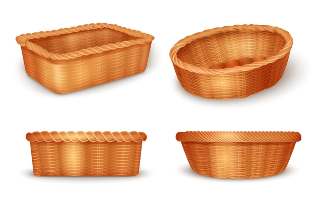 Four realistic fruit bread wicker basket icon set side and top view vector illustration