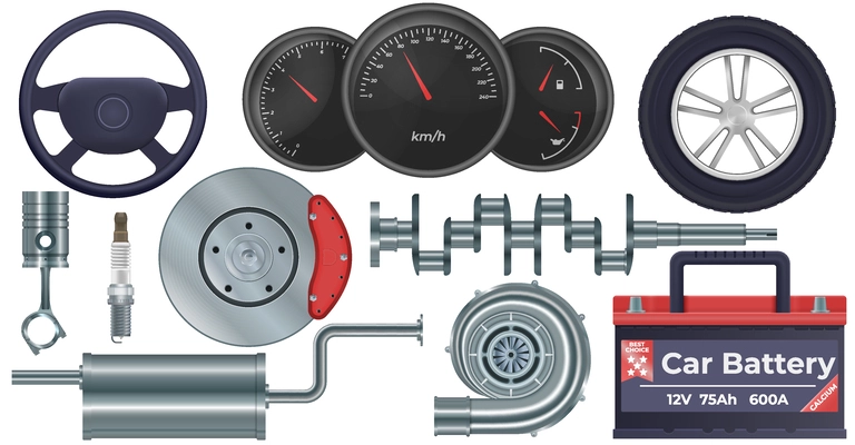 Auto parts realistic set with car battery symbols isolated vector illustration