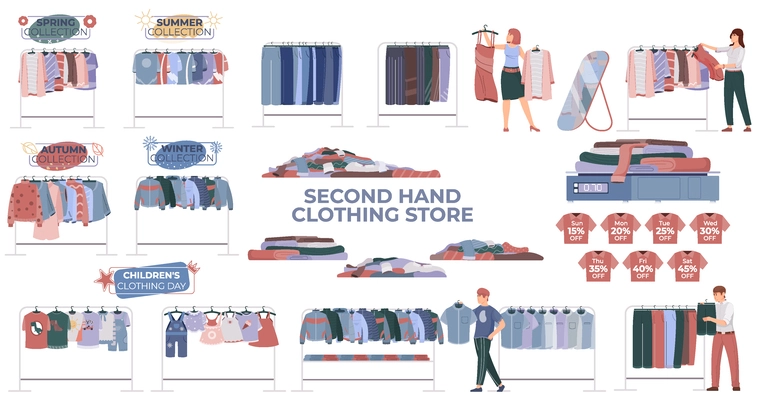 Second hand clothes set with clothing store symbols flat isolated vector illustration