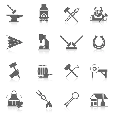 Blacksmith black icon set with metal welding and molding tools isolated vector illustration