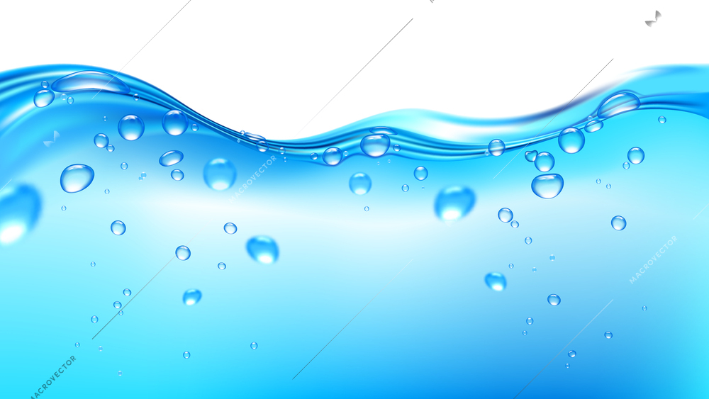 Realistic blue water wave splash with bubbles underwater view vector illustration