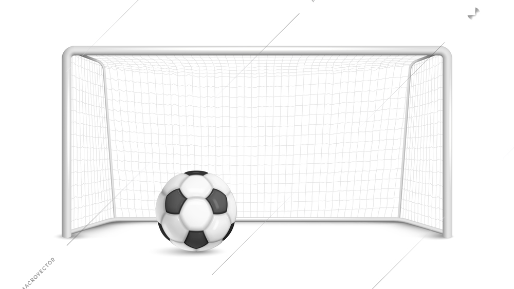 Realistic football soccer ball goal composition with isolated view of gates with net and rubber ball vector illustration