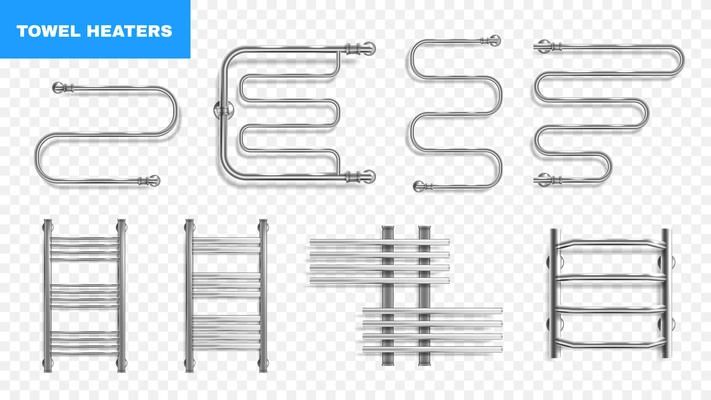 Realistic modern metal chrome heated towel rails set isolated against transparent background vector illustration