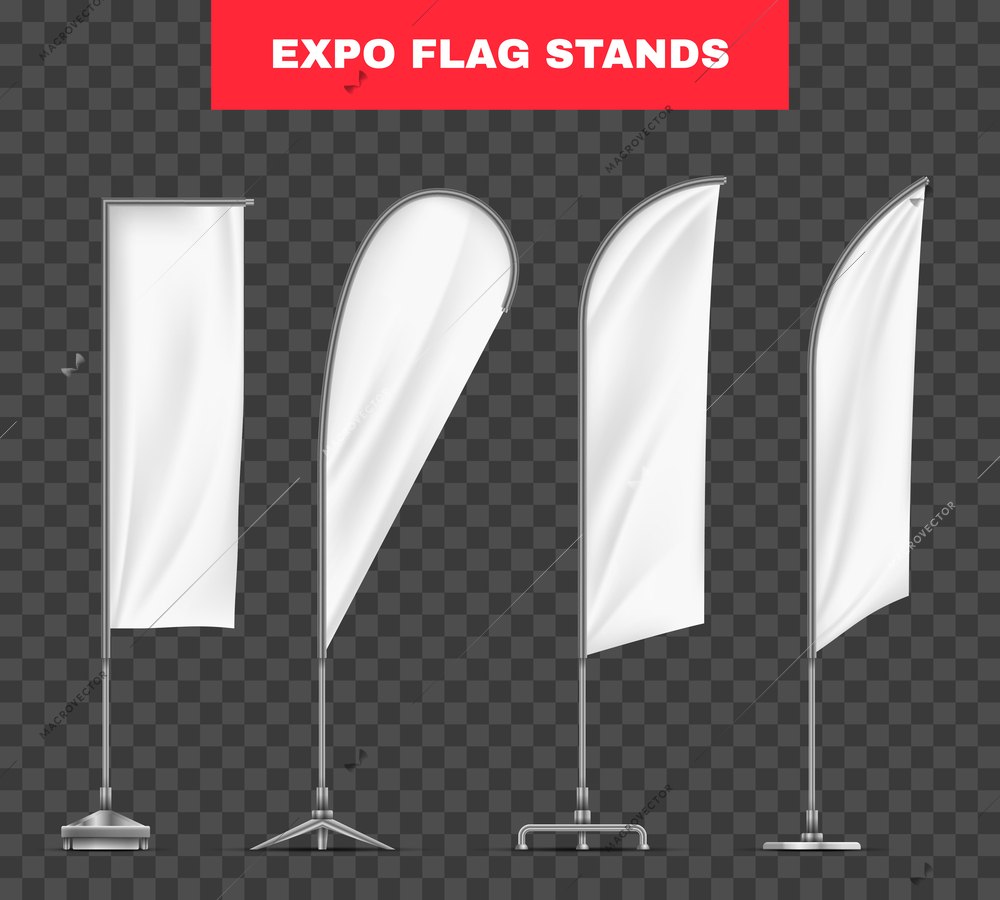 Blank white expo flags of different shapes on metal stands realistic set isolated on transparent background vector illustration