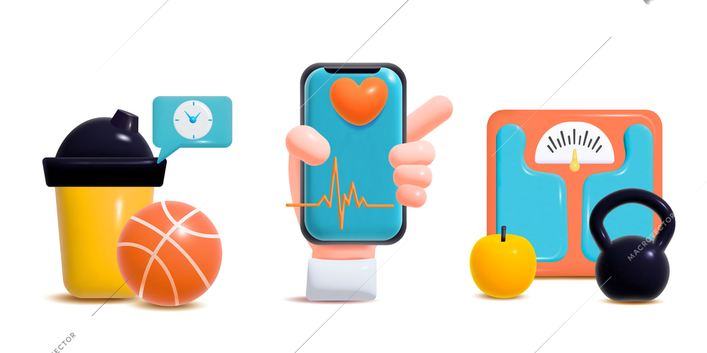 Fitness objects cartoon set of three compositions with plastic cup ball scales kettlebell hand holding smartphone showing heartbeat rate isolated vector illustration