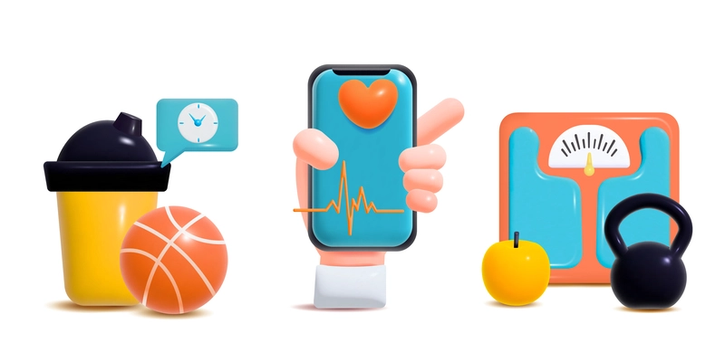 Fitness objects cartoon set of three compositions with plastic cup ball scales kettlebell hand holding smartphone showing heartbeat rate isolated vector illustration