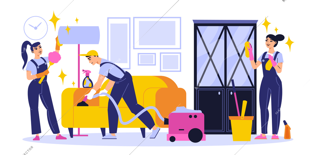 Cleaning service workers tidying up living room vacuuming sofa wiping furniture flat vector illustration