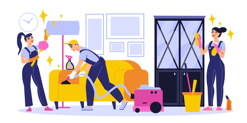 Cleaning service workers tidying up living room vacuuming sofa wiping furniture flat vector illustration