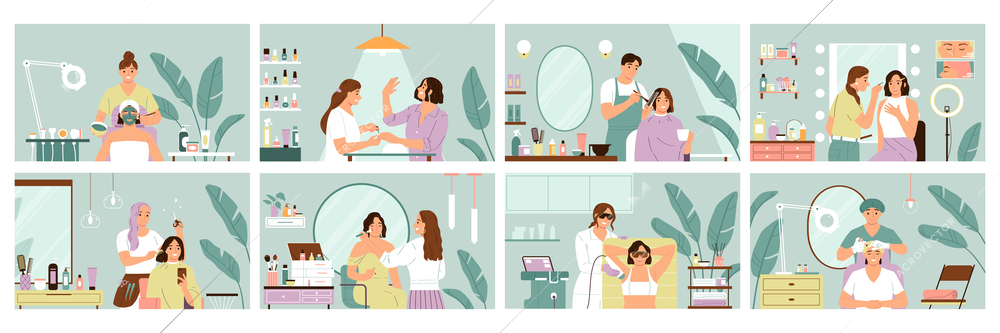 Beauty service set with hairstyle and epilation flat isolated vector illustration