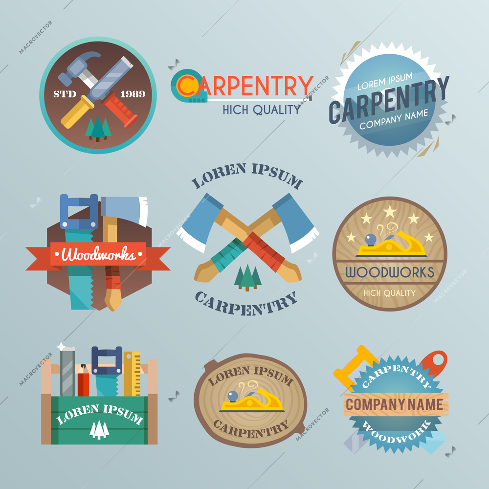 Carpentry label set with carpenter toolbox wood work equipment and instrument isolated vector illustration