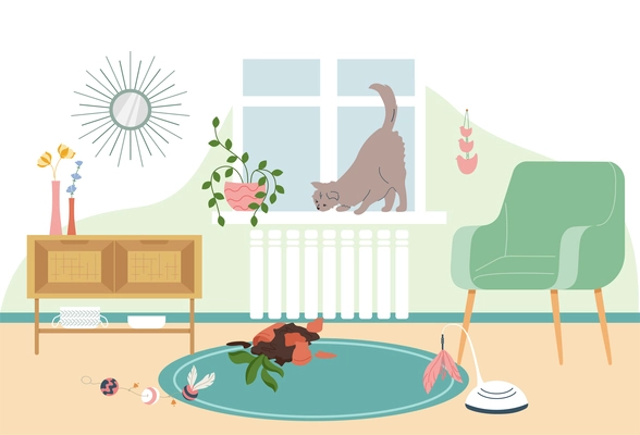Cat accessories flat composition with indoor view of living room furniture and flowerpot broken by cat vector illustration
