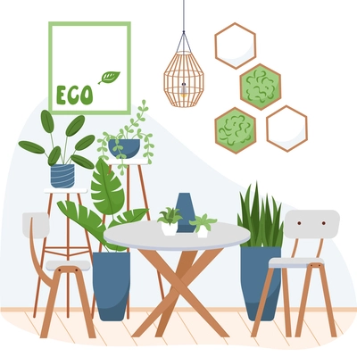 Modern eco cafe flat composition with indoor scenery decorative plants lamp and wooden table with chairs vector illustration