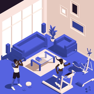 Home gym isometric with people doing barbell training and treadmill workout indoors vector illustration