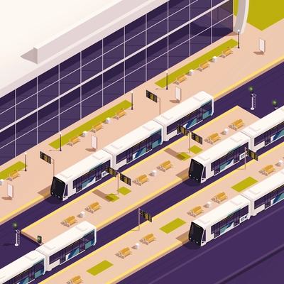 Sustainable eco transport concept with electric tram stop vector illustration