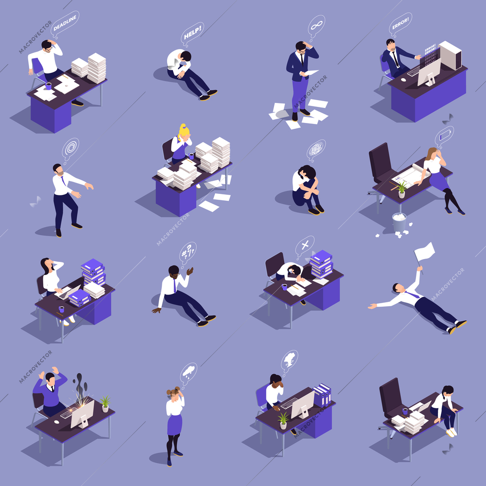 Professtion burnout syndrome isometric icons set with depression and frustration symptoms isolated vector illustration