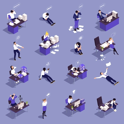 Professtion burnout syndrome isometric icons set with depression and frustration symptoms isolated vector illustration