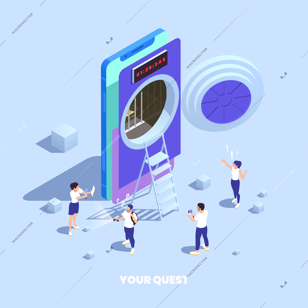 Escape room quest concept with mobile phone and people solving puzzles isometric vector illustration