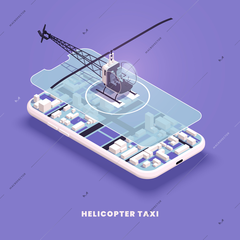 Modern airplane transport with helicopter taxi application isometric vector illustration