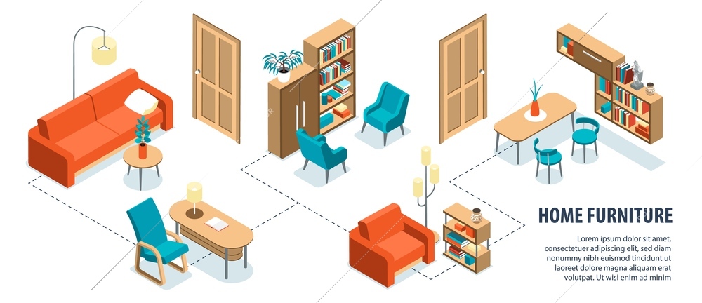 Isometric home furniture interior infographics with flowchart isolated views of designer interiors furnishing and editable text vector illustration