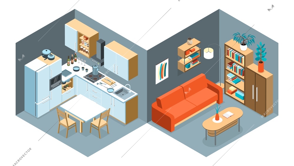 Isometric kitchen interior composition with set of two views with living room and kitchen modern interiors vector illustration