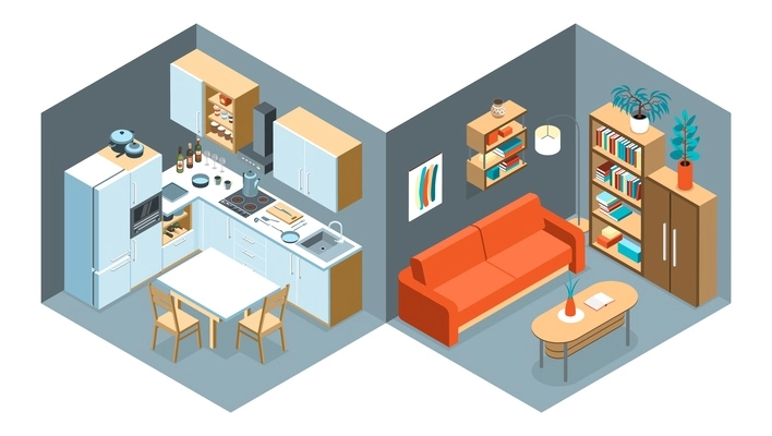 Isometric kitchen interior composition with set of two views with living room and kitchen modern interiors vector illustration